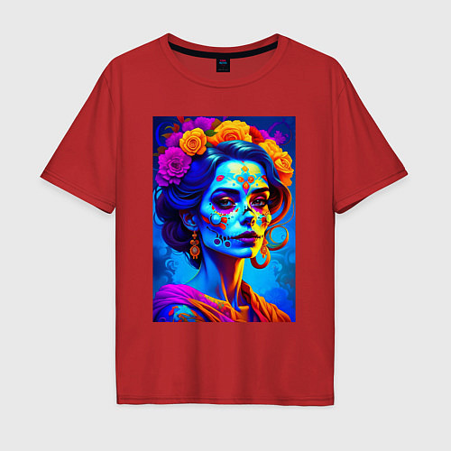 Мужская футболка оверсайз Женщина с макияжем на Хэллоуин - нейросеть / Красный – фото 1