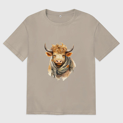 Мужская футболка оверсайз Бык в шарфе / Миндальный – фото 1