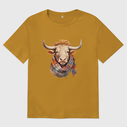 Мужская футболка оверсайз Бык в шарфе осень / Горчичный – фото 1