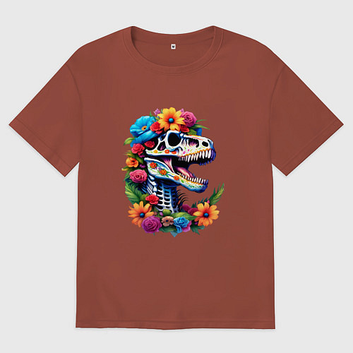 Мужская футболка оверсайз Череп тираннозавра с яркими цветами, мексиканский / Кирпичный – фото 1