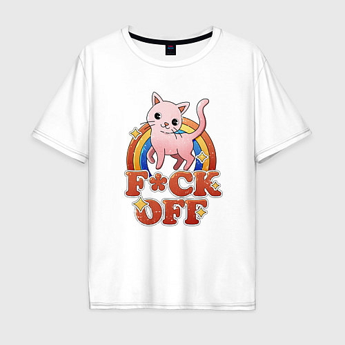 Мужская футболка оверсайз F*ck off cat retro / Белый – фото 1