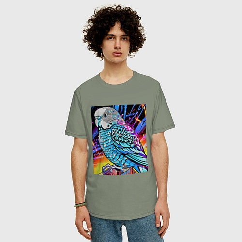 Мужская футболка оверсайз Волнистый синий попугай / Авокадо – фото 3