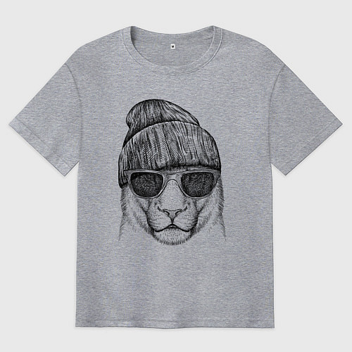 Мужская футболка оверсайз Львица в солнечных очках / Меланж – фото 1