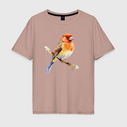 Футболка оверсайз мужская Оранжевая птица на ветке, цвет: пыльно-розовый