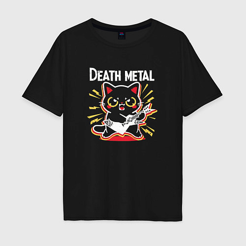 Мужская футболка оверсайз Death metal - котик с гитарой / Черный – фото 1
