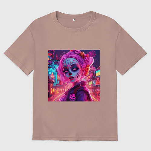 Мужская футболка оверсайз Девушка в макияже ко дню мёртвых / Пыльно-розовый – фото 1