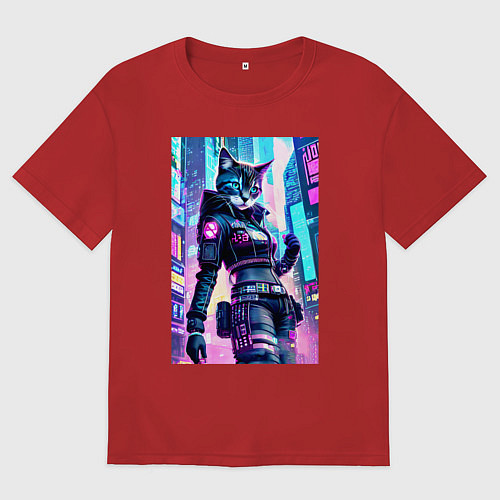 Мужская футболка оверсайз Крутая кошечка - киберпанк - нейросеть / Красный – фото 1