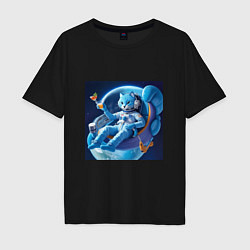 Мужская футболка оверсайз Голубой котик космонавт с коктейлем