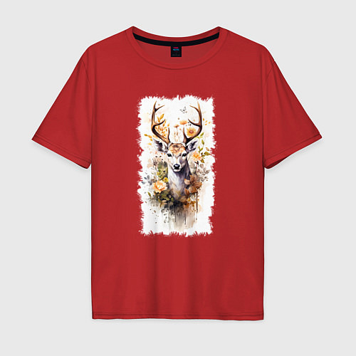 Мужская футболка оверсайз Олень в цветах акварель / Красный – фото 1