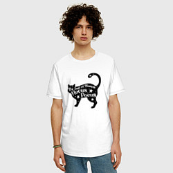 Футболка оверсайз мужская Черный кот хэллоуин звезды, цвет: белый — фото 2