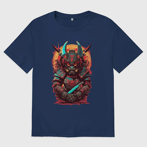 Мужская футболка оверсайз Техно самурай / Тёмно-синий – фото 1
