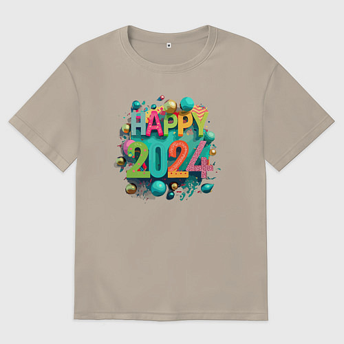 Мужская футболка оверсайз Happy 2024 / Миндальный – фото 1
