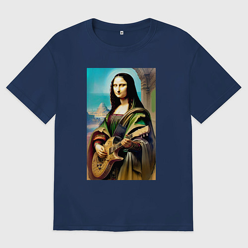 Мужская футболка оверсайз Мона Лиза лабает на гитаре / Тёмно-синий – фото 1