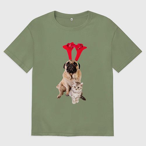 Мужская футболка оверсайз Мопс с ушками и котёнок / Авокадо – фото 1