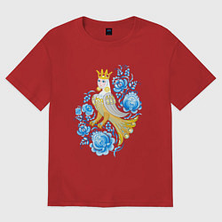 Футболка оверсайз мужская Птица Сирин в цветах по мотивам гжельской росписи, цвет: красный