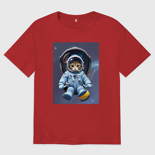Мужская футболка оверсайз Котенок отправляется в космос / Красный – фото 1