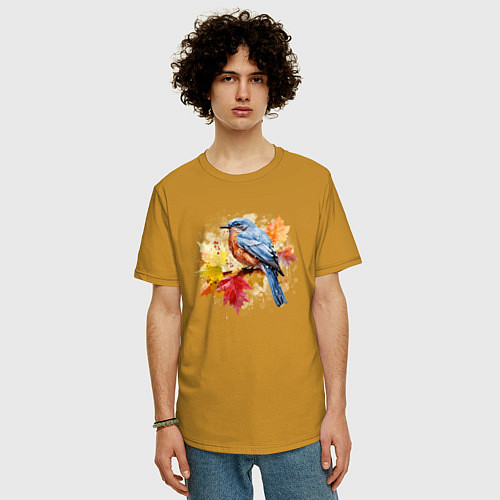 Мужская футболка оверсайз Птичка и осенние листья / Горчичный – фото 3