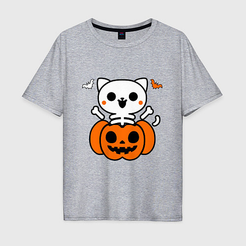 Мужская футболка оверсайз Веселый кот-скелет в тыкве - Хэллоуин / Меланж – фото 1