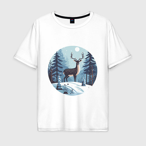 Мужская футболка оверсайз Зимняя сказка олень в лесу / Белый – фото 1