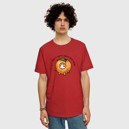 Мужская футболка оверсайз Счастливый котенок - мандарин / Красный – фото 3