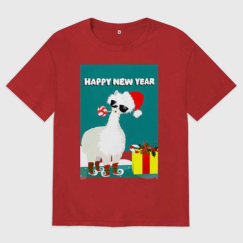 Мужская футболка оверсайз Лама - альпака Санта Клаус на коньках / Красный – фото 1