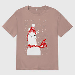 Футболка оверсайз мужская Лама - альпака в шапочке и шарфе, цвет: пыльно-розовый