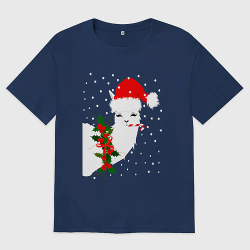 Мужская футболка оверсайз Лама - альпака Санта Клаус / Тёмно-синий – фото 1