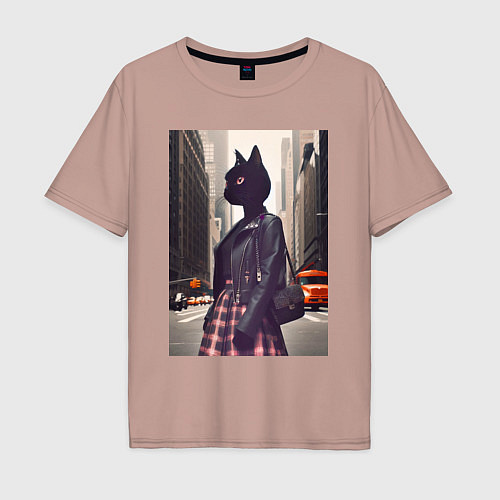 Мужская футболка оверсайз Cat fashionista - New York - ai art / Пыльно-розовый – фото 1