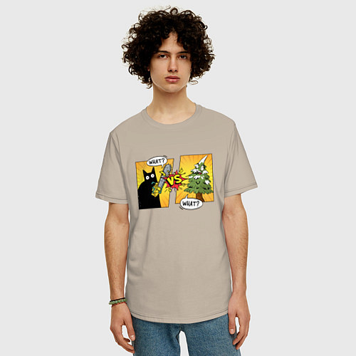 Мужская футболка оверсайз Кот против елки / Миндальный – фото 3