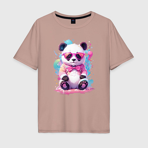 Мужская футболка оверсайз Милая панда в розовых очках и бантике / Пыльно-розовый – фото 1