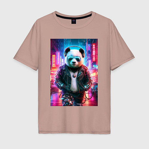 Мужская футболка оверсайз Панда в ночном Пекине - киберпанк - нейросеть / Пыльно-розовый – фото 1