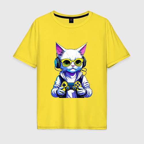 Мужская футболка оверсайз Белый кот геймер / Желтый – фото 1