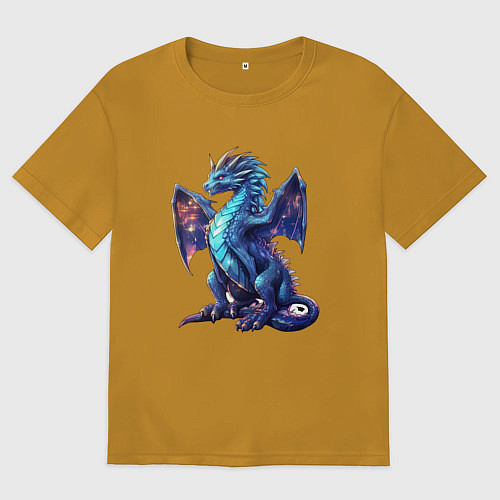 Мужская футболка оверсайз Синий новогодний дракон / Горчичный – фото 1