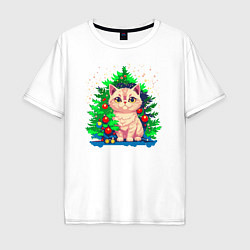 Мужская футболка оверсайз Милый котик под новогодней елкой
