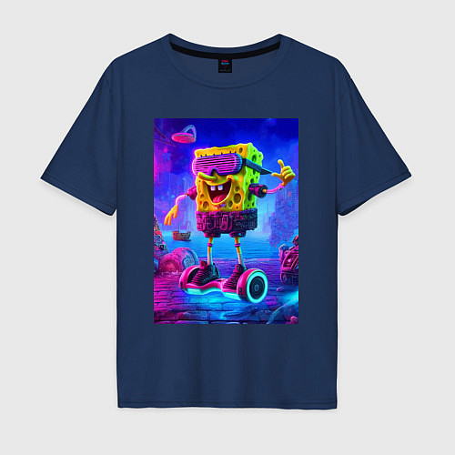 Мужская футболка оверсайз Sponge Bob on a gyro scooter - ai art / Тёмно-синий – фото 1