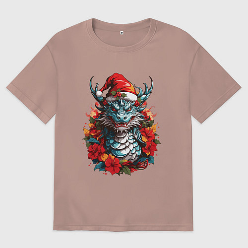 Мужская футболка оверсайз Дракон в шапке Санта Клауса / Пыльно-розовый – фото 1