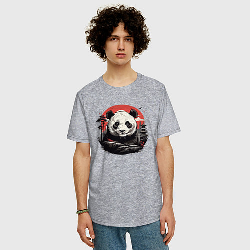 Мужская футболка оверсайз Панда с красным солнцем / Меланж – фото 3