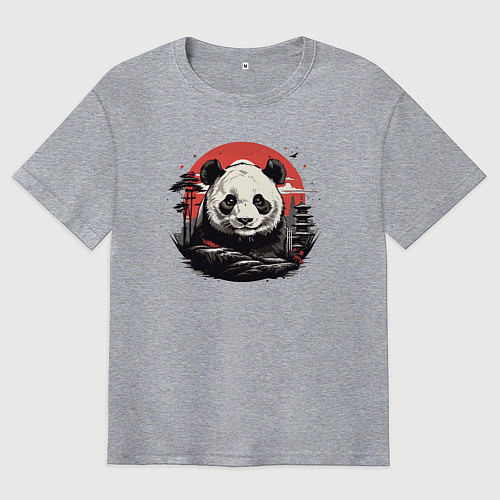 Мужская футболка оверсайз Панда с красным солнцем / Меланж – фото 1