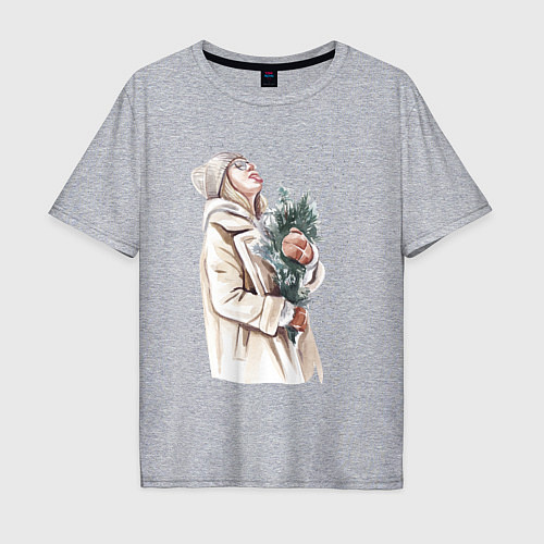 Мужская футболка оверсайз Девушка на снегу / Меланж – фото 1