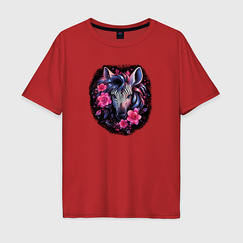 Мужская футболка оверсайз Зебра среди цветов / Красный – фото 1