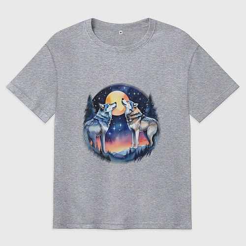 Мужская футболка оверсайз Два зимних волка в лесу воют на луну / Меланж – фото 1