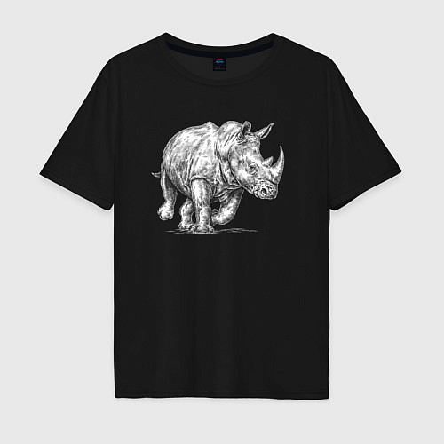 Мужская футболка оверсайз Белый носорог бежит / Черный – фото 1