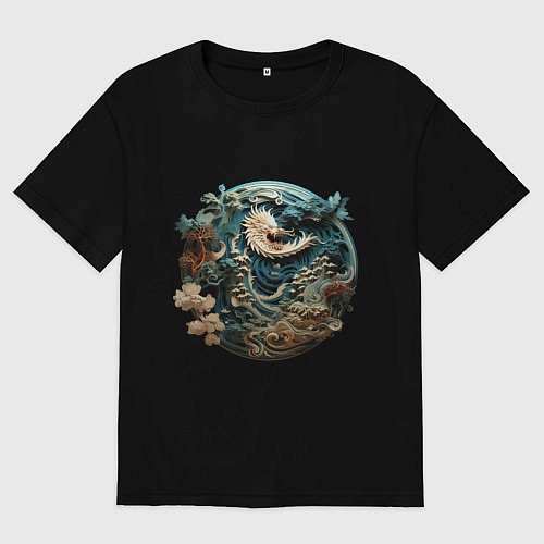 Мужская футболка оверсайз Китайский дракон в круге / Черный – фото 1