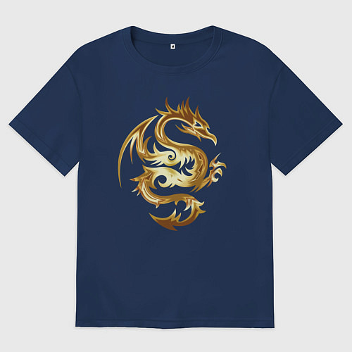 Мужская футболка оверсайз Дракон из золота / Тёмно-синий – фото 1