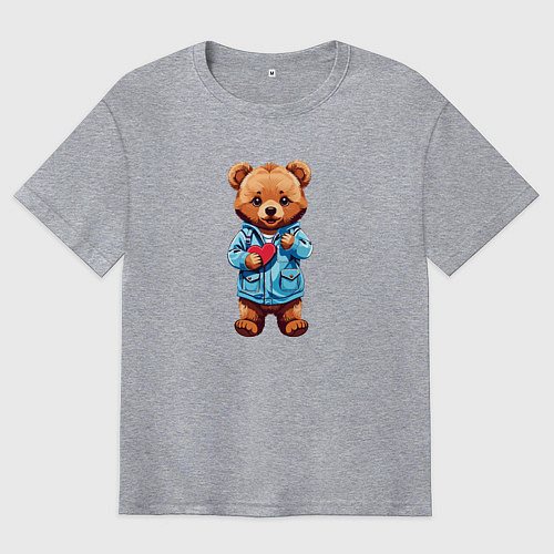 Мужская футболка оверсайз Мишка с сердцем в руках / Меланж – фото 1