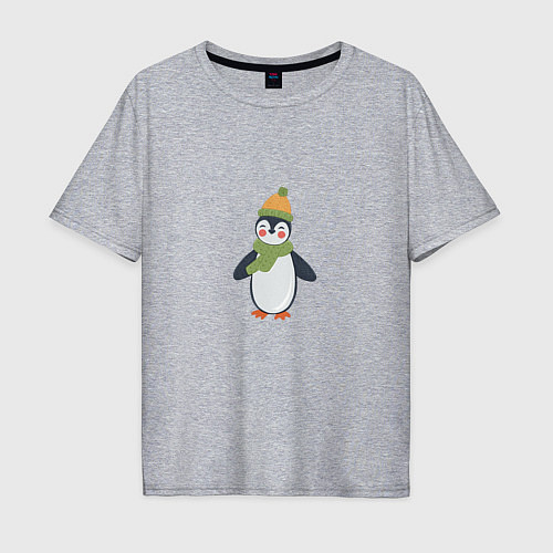 Мужская футболка оверсайз Весёлый пингвин в шапке / Меланж – фото 1