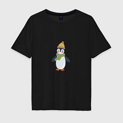 Футболка оверсайз мужская Весёлый пингвин в шапке, цвет: черный