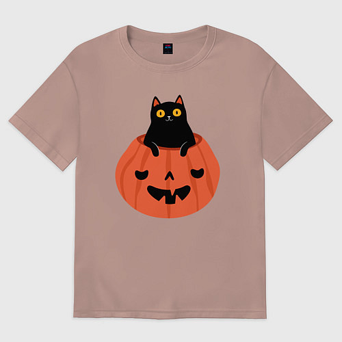 Мужская футболка оверсайз Котик в тыкве / Пыльно-розовый – фото 1