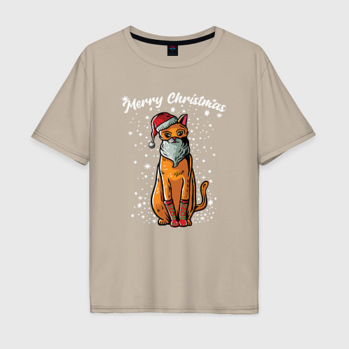 Мужская футболка оверсайз Рождественский котик / Миндальный – фото 1