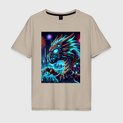 Футболка оверсайз мужская Cyber dragon - ai art neon, цвет: миндальный